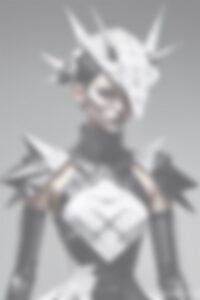 Ai generated image of a futuristic garement on a female body, with spiked helmet and spiked armur