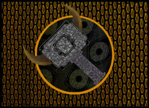 symbol of orisha Ogun mixed with Thor symbol in west african fabrics